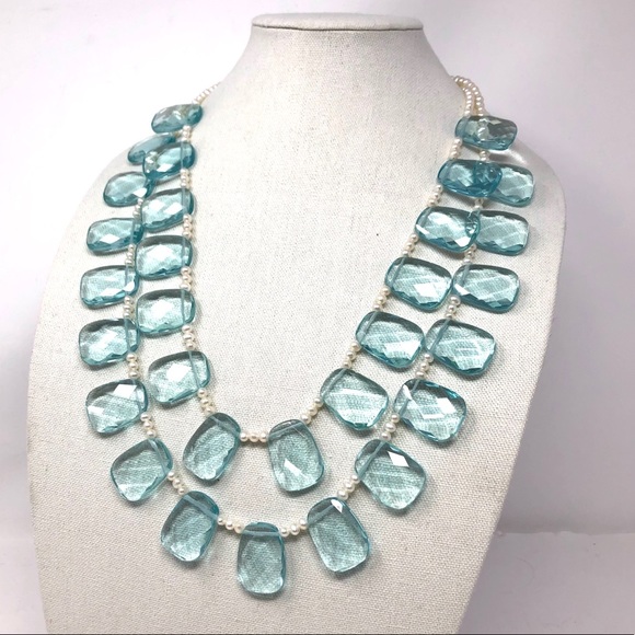 Blue crystals, cultured pearl statement necklace - Picture 3 of 8